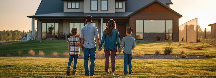 family holding hands standing outside looking at their new home